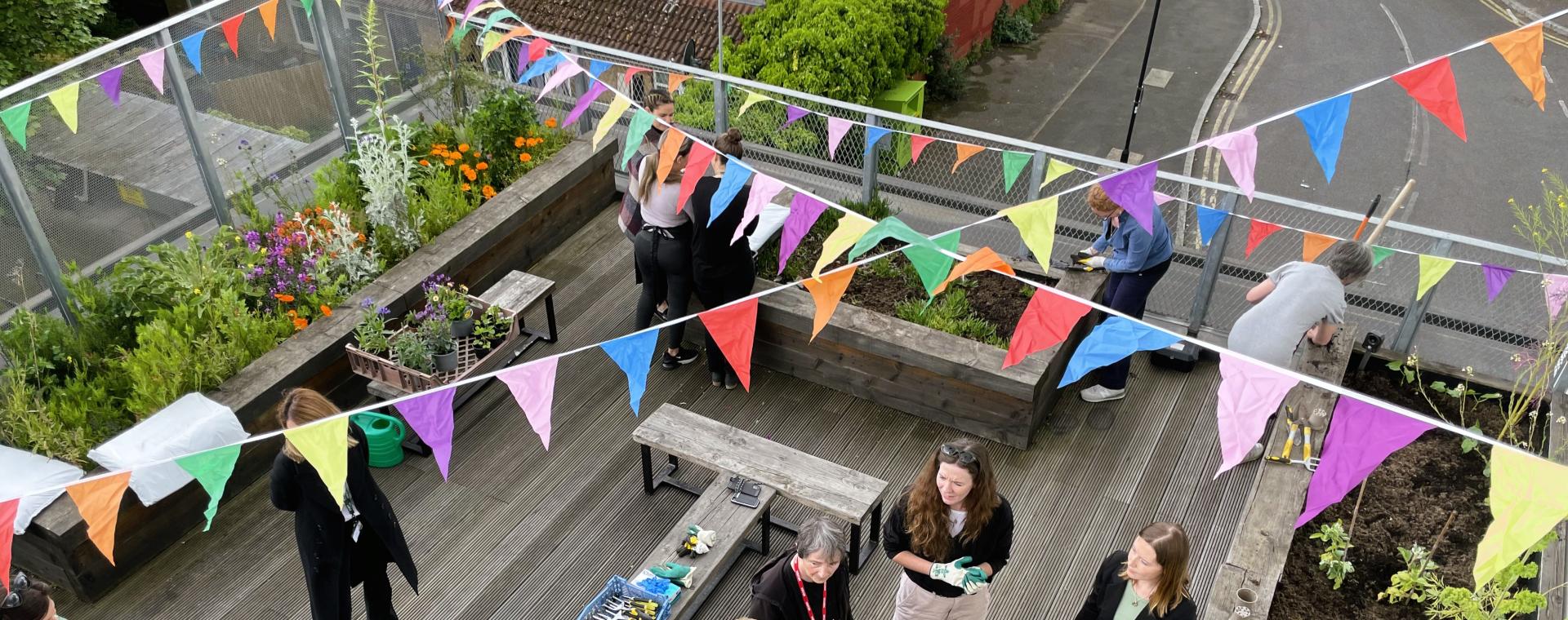 gardening event with bunting